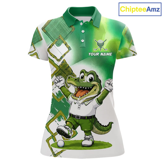Funny Alligator Womens Golf Polo Shirt Custom Name, Team Golf Shirts, Golf Gifts | Green NBT839