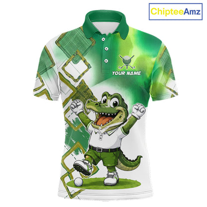 Front view of funny alligator mens golf polo shirt in green with custom name on chest, team golf shirts and golf gifts design