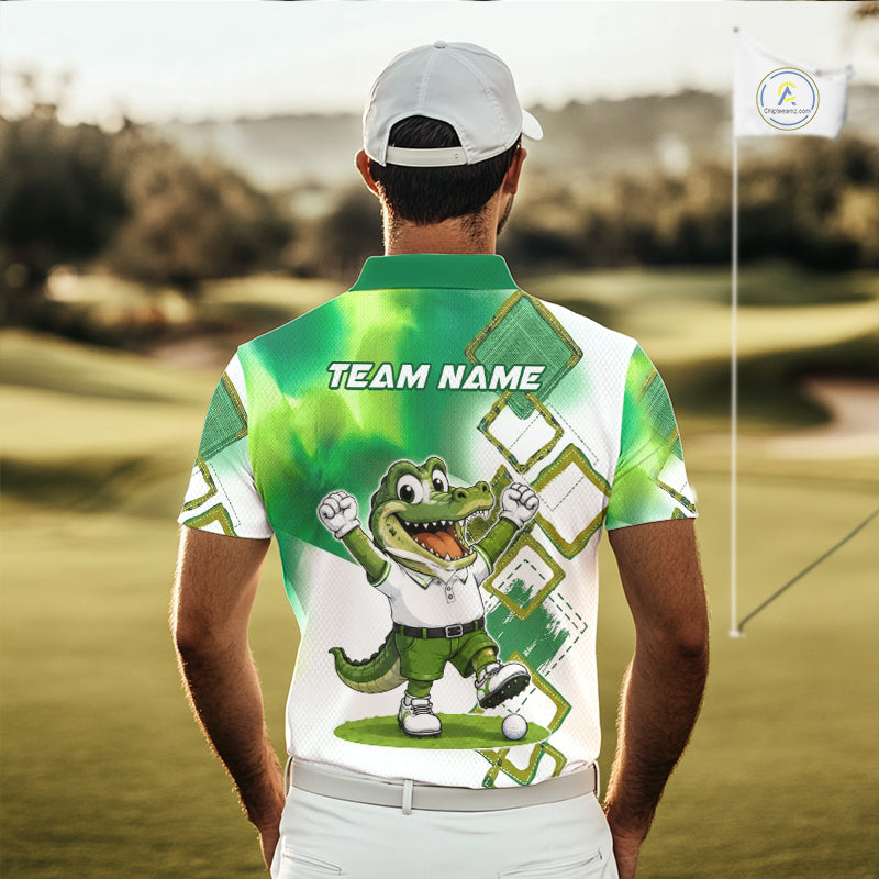 Model wearing funny alligator mens golf polo shirt with custom name in green, team golf shirts and unique golf gifts outfit