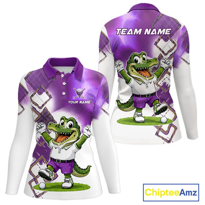 Funny Alligator Womens Golf Polo Shirt Custom Name, Team Golf Shirts, Golf Gifts | Purple NBT840