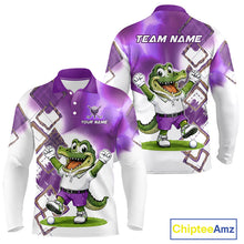 Load image into Gallery viewer, Front and back view of funny alligator mens long sleeve golf polo shirt in green with custom name on chest, team golf shirts and golf gifts design