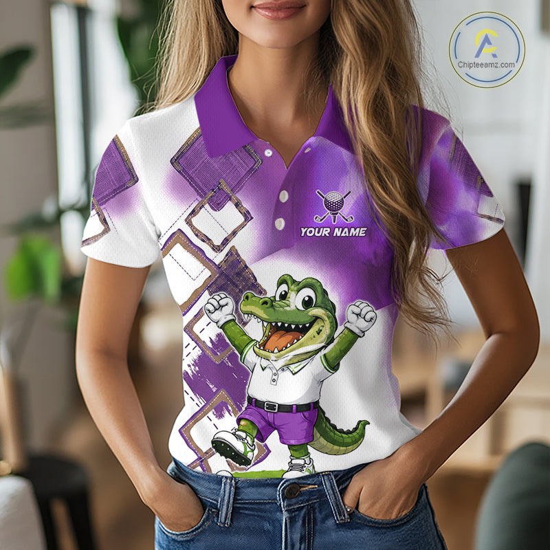 Funny Alligator Womens Golf Polo Shirt Custom Name, Team Golf Shirts, Golf Gifts | Purple NBT840