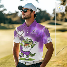 Load image into Gallery viewer, Model wearing funny alligator mens golf polo shirt with custom name in purple, team golf shirts and unique golf gifts outfit