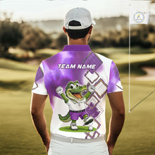 Load image into Gallery viewer, Model wearing funny alligator mens golf polo shirt with custom name in purple, team golf shirts and unique golf gifts outfit