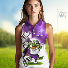 Load image into Gallery viewer, Funny Alligator Womens Sleeveless Golf Polo Shirt Custom Name, Team Golf Shirts, Golf Gifts | Purple NBT840