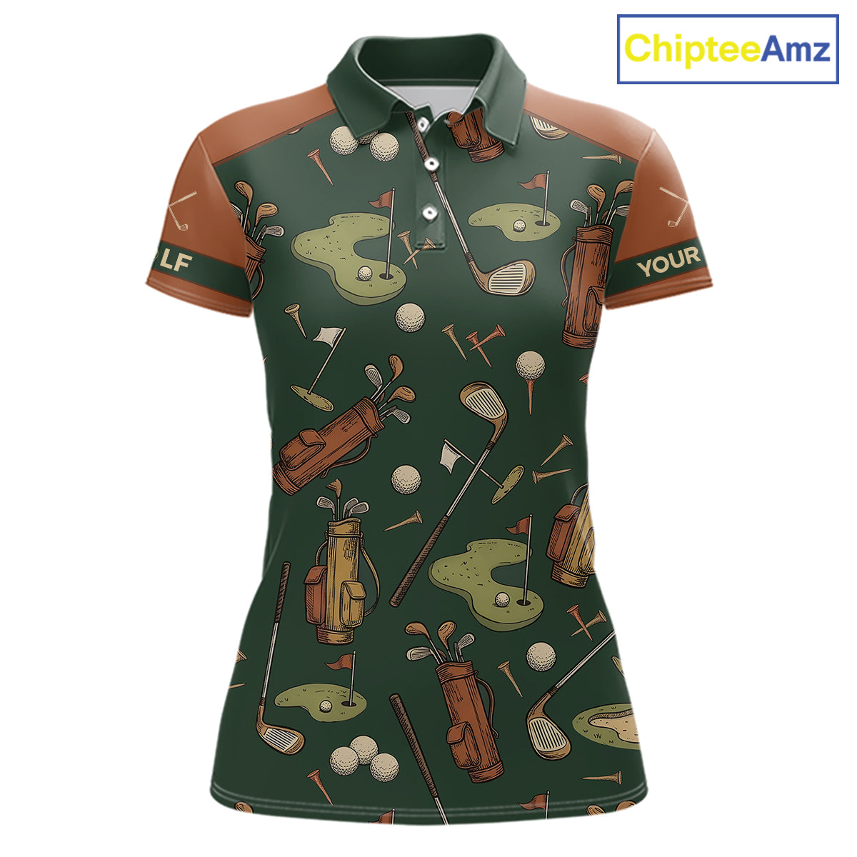 Vintage 1990s Golf Pattern Womens Golf Polo Shirt, Golf Attire For Ladies, Golfer Gifts|Brown NBT615
