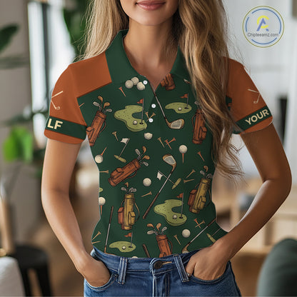 Vintage 1990s Golf Pattern Womens Golf Polo Shirt, Golf Attire For Ladies, Golfer Gifts|Brown NBT615