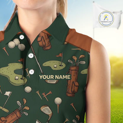 Vintage 1990S Golf Pattern Womens Sleeveless Golf Polo Shirt, Golf Attire For Ladies, Golfer Gifts|Brown NBT615