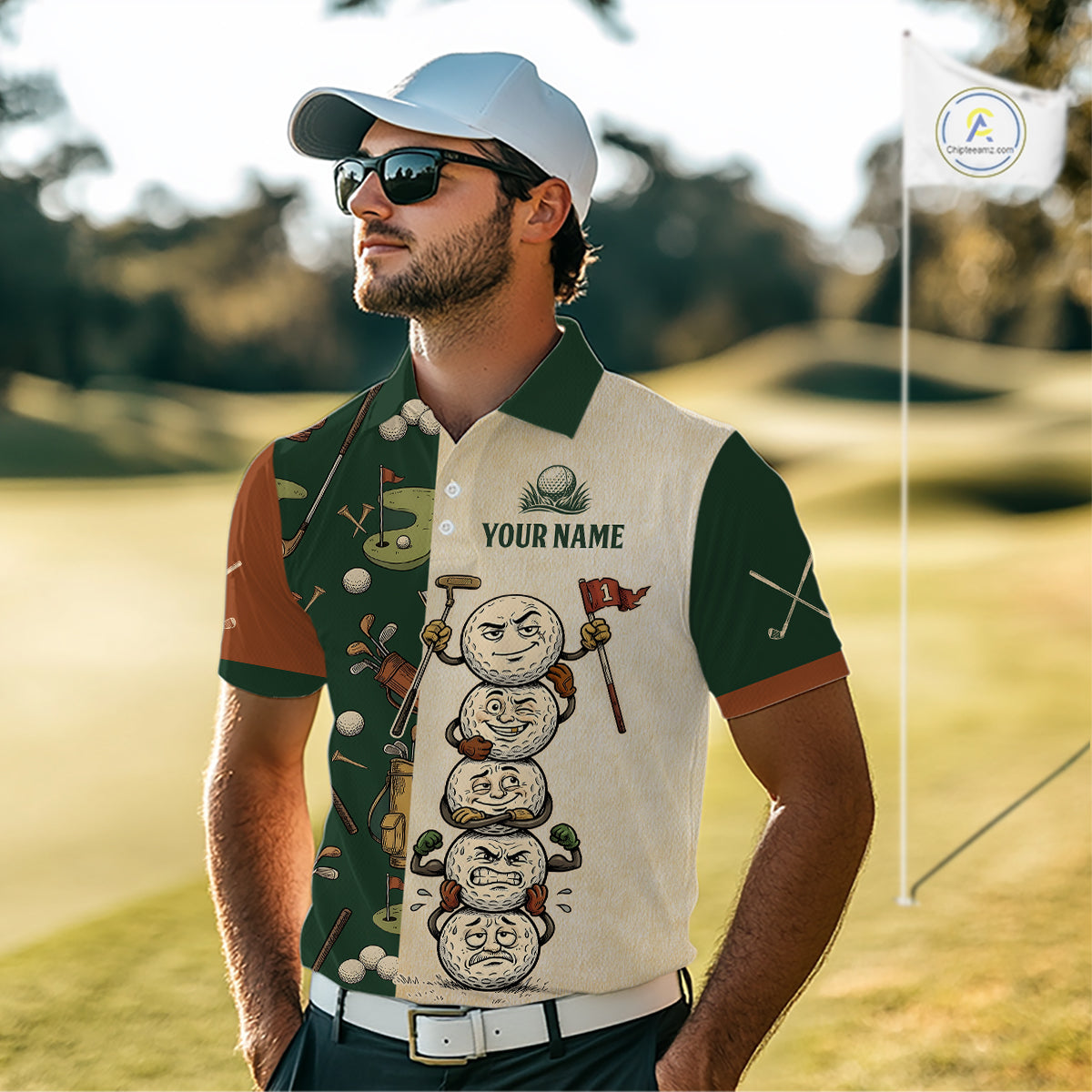 Funny Golf Ball Vintage 1990s Golf Pattern Mens Golf Polo Shirt, Golf Attire For Men, Golfer Gifts NBT616