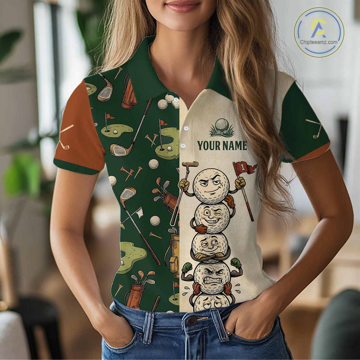 Funny Golf Ball Vintage 1990s Golf Pattern Womens Golf Polo Shirt, Golf Attire For Ladies, Golfer Gifts NBT616