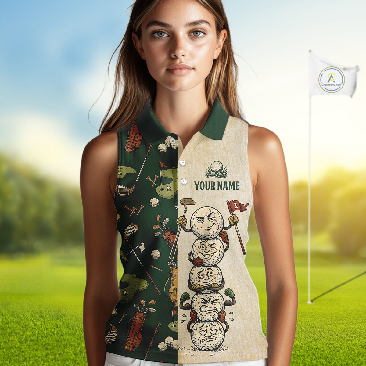 Funny Golf Ball Vintage 1990S Golf Pattern Womens Sleeveless Golf Polo Shirt, Golf Attire For Ladies, Golfer Gifts NBT616