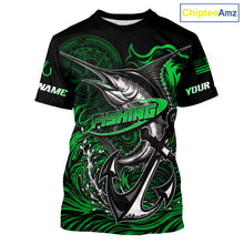 Load image into Gallery viewer, Front view of Custom Marlin Fishing Ocean Camo Shirt Marlin Saltwater Fishing Jersey, lightweight UPF 30+ fishing shirt with marlin and ocean camo design