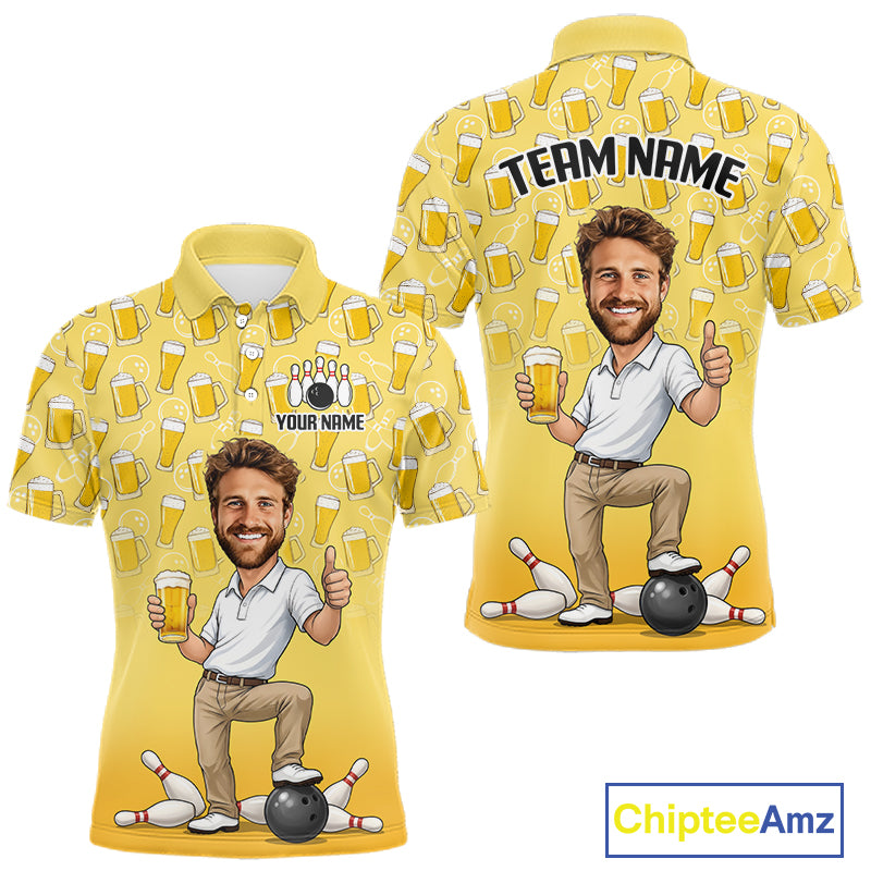 Yellow Beer Bowling Shirts For Men Custom Photo Face Funny Bowling League Team Shirts NBT993