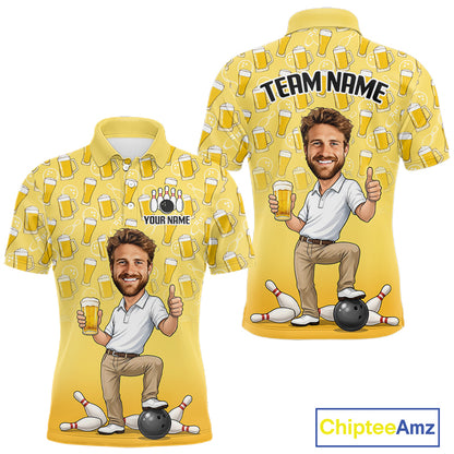 Yellow Beer Bowling Shirts For Men Custom Photo Face Funny Bowling League Team Shirts NBT993