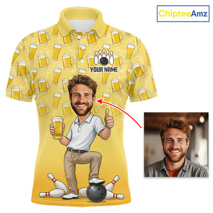 Yellow Beer Bowling Shirts For Men Custom Photo Face Funny Bowling League Team Shirts NBT993