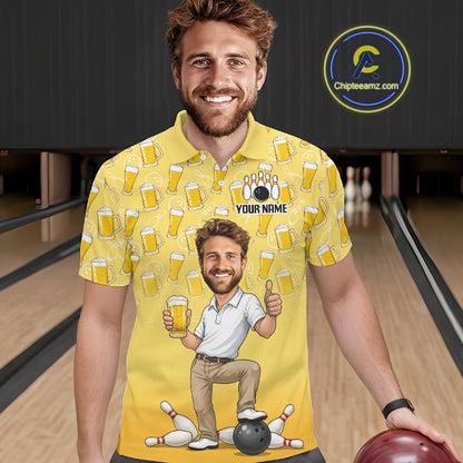 Yellow Beer Bowling Shirts For Men Custom Photo Face Funny Bowling League Team Shirts NBT993