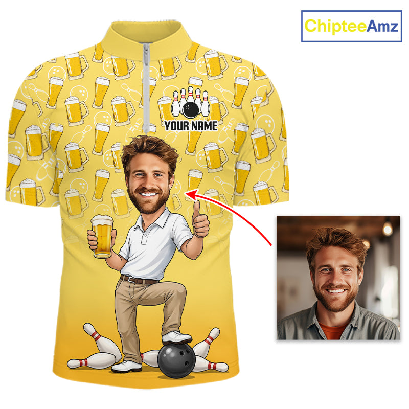 Yellow Beer Bowling Shirts For Men Custom Photo Face Funny Bowling League Team Shirts NBT993