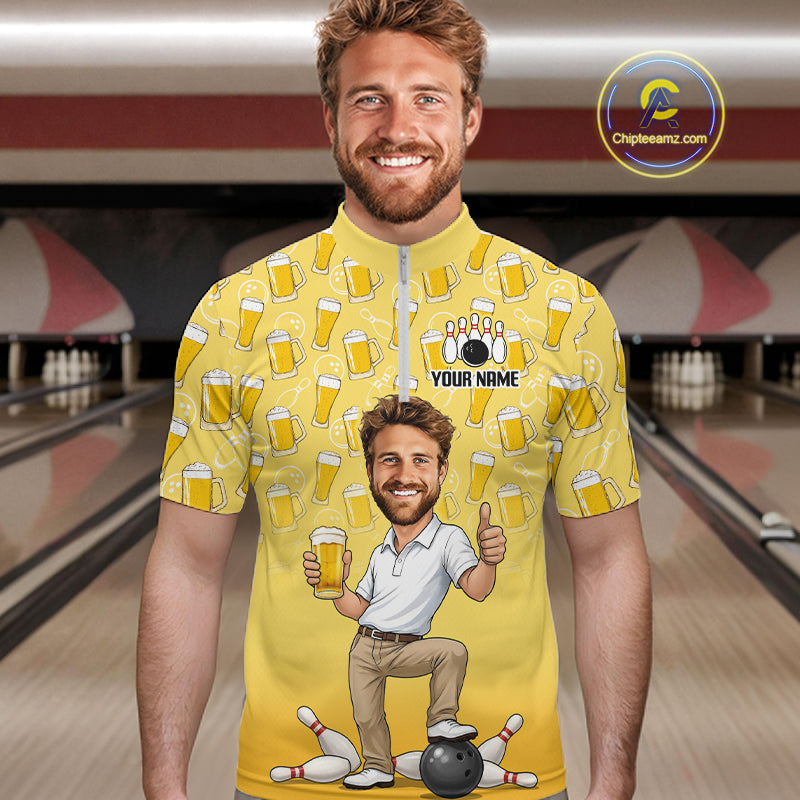 Yellow Beer Bowling Shirts For Men Custom Photo Face Funny Bowling League Team Shirts NBT993