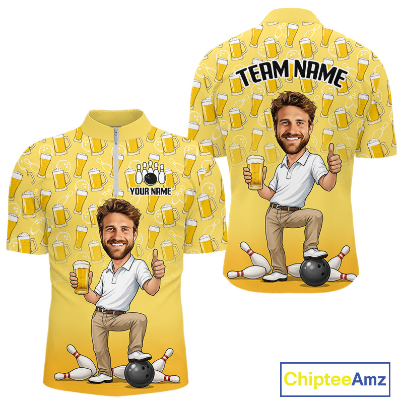 Yellow Beer Bowling Shirts For Men Custom Photo Face Funny Bowling League Team Shirts NBT993