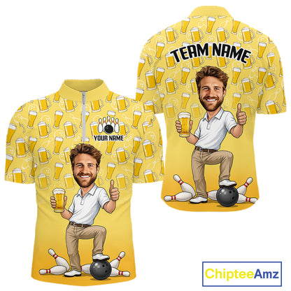 Yellow Beer Bowling Shirts For Men Custom Photo Face Funny Bowling League Team Shirts NBT993