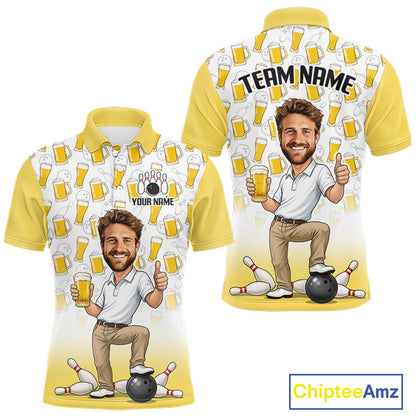 Yellow And White Beer Bowling Shirts For Men Custom Photo Face Funny Bowling League Team Shirts NBT994