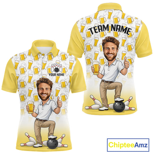 Yellow And White Beer Bowling Shirts For Men Custom Photo Face Funny Bowling League Team Shirts NBT994