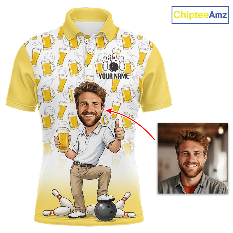 Yellow And White Beer Bowling Shirts For Men Custom Photo Face Funny Bowling League Team Shirts NBT994