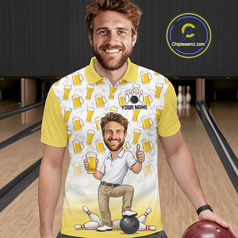 Yellow And White Beer Bowling Shirts For Men Custom Photo Face Funny Bowling League Team Shirts NBT994