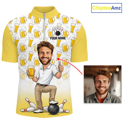 Yellow And White Beer Bowling Shirts For Men Custom Photo Face Funny Bowling League Team Shirts NBT994