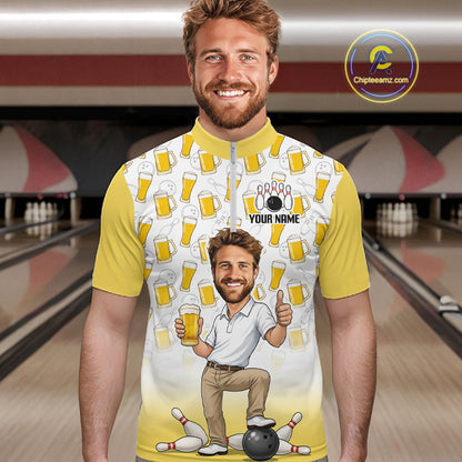 Yellow And White Beer Bowling Shirts For Men Custom Photo Face Funny Bowling League Team Shirts NBT994