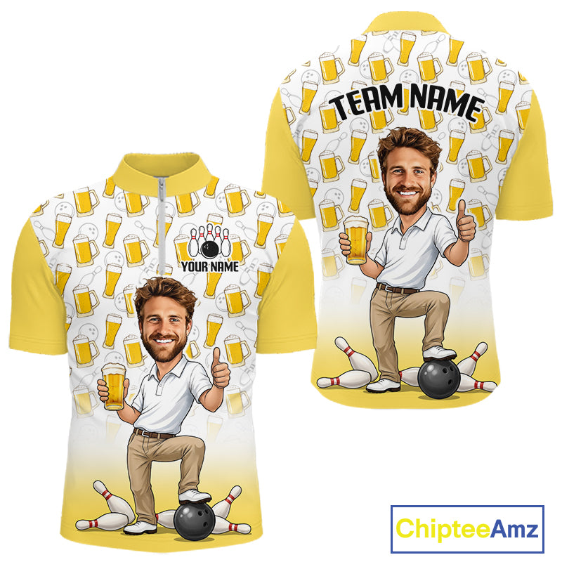 Yellow And White Beer Bowling Shirts For Men Custom Photo Face Funny Bowling League Team Shirts NBT994