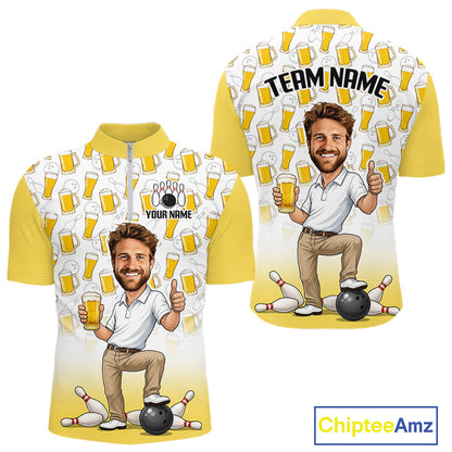 Yellow And White Beer Bowling Shirts For Men Custom Photo Face Funny Bowling League Team Shirts NBT994