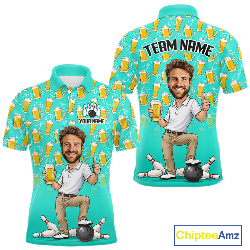 Turquoise Beer Bowling Shirts For Men Custom Photo Face Funny Bowling League Team Shirts NBT995