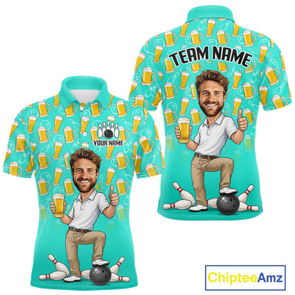 Turquoise Beer Bowling Shirts For Men Custom Photo Face Funny Bowling League Team Shirts NBT995