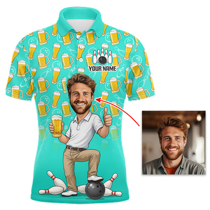 Turquoise Beer Bowling Shirts For Men Custom Photo Face Funny Bowling League Team Shirts NBT995