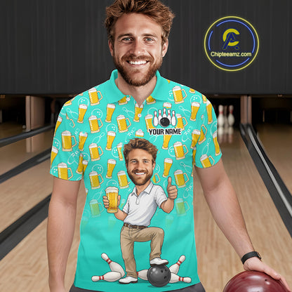 Turquoise Beer Bowling Shirts For Men Custom Photo Face Funny Bowling League Team Shirts NBT995