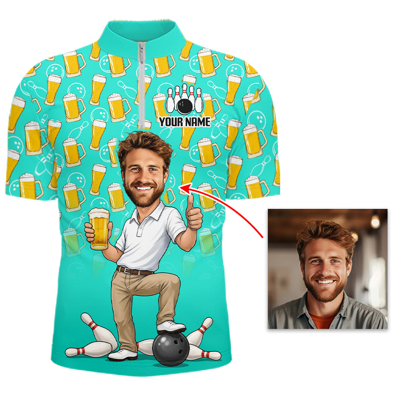 Turquoise Beer Bowling Shirts For Men Custom Photo Face Funny Bowling League Team Shirts NBT995
