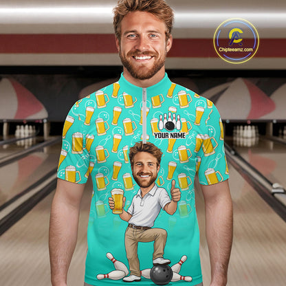 Turquoise Beer Bowling Shirts For Men Custom Photo Face Funny Bowling League Team Shirts NBT995