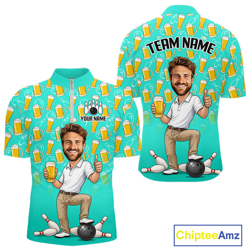 Turquoise Beer Bowling Shirts For Men Custom Photo Face Funny Bowling League Team Shirts NBT995
