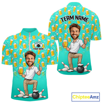 Turquoise Beer Bowling Shirts For Men Custom Photo Face Funny Bowling League Team Shirts NBT995