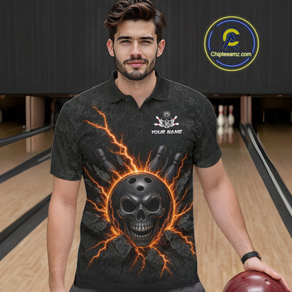 Custom Orange Thunder Lightning Skull Bowling Shirt For Men Bowling League Jersey Bowling Gifts NBT1187