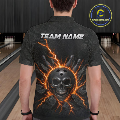 Custom Orange Thunder Lightning Skull Bowling Shirt For Men Bowling League Jersey Bowling Gifts NBT1187
