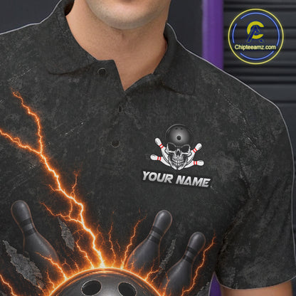 Custom Orange Thunder Lightning Skull Bowling Shirt For Men Bowling League Jersey Bowling Gifts NBT1187