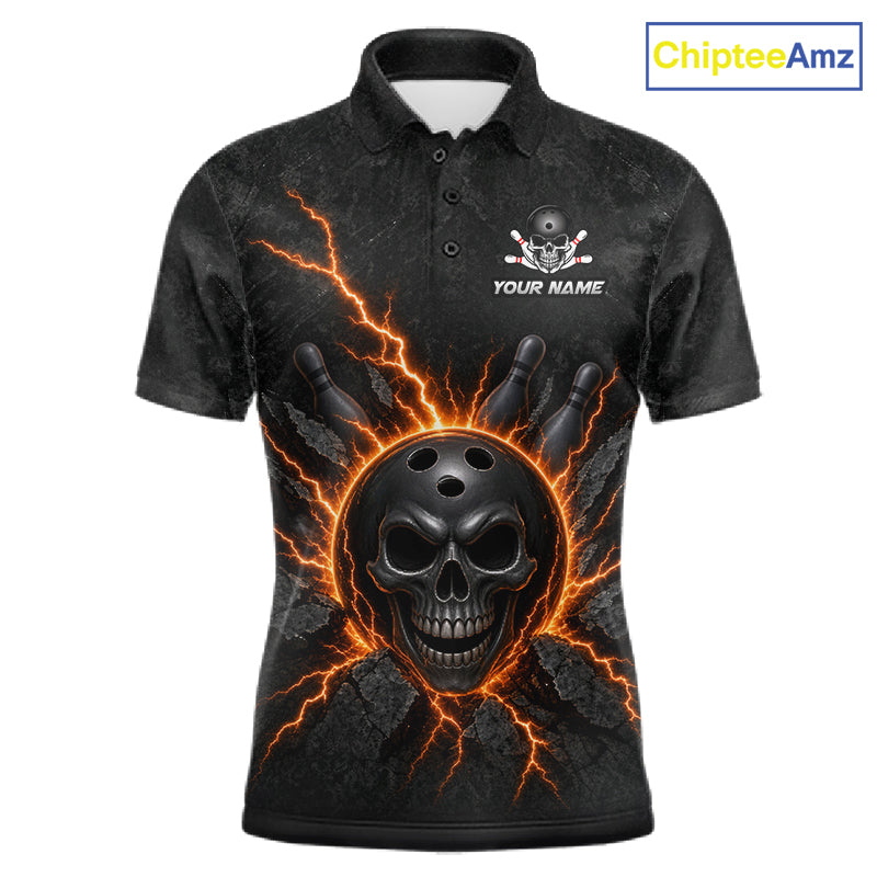 Custom Orange Thunder Lightning Skull Bowling Shirt For Men Bowling League Jersey Bowling Gifts NBT1187