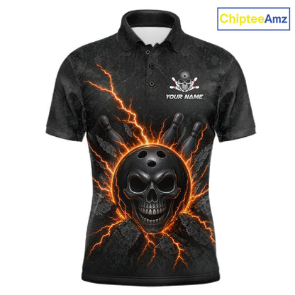 Custom Orange Thunder Lightning Skull Bowling Shirt For Men Bowling League Jersey Bowling Gifts NBT1187