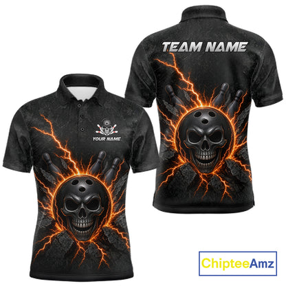 Custom Orange Thunder Lightning Skull Bowling Shirt For Men Bowling League Jersey Bowling Gifts NBT1187