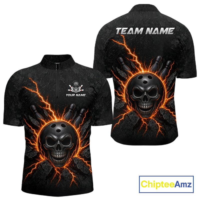 Custom Orange Thunder Lightning Skull Bowling Shirt For Men Bowling League Jersey Bowling Gifts NBT1187