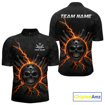 Custom Orange Thunder Lightning Skull Bowling Shirt For Men Bowling League Jersey Bowling Gifts NBT1187