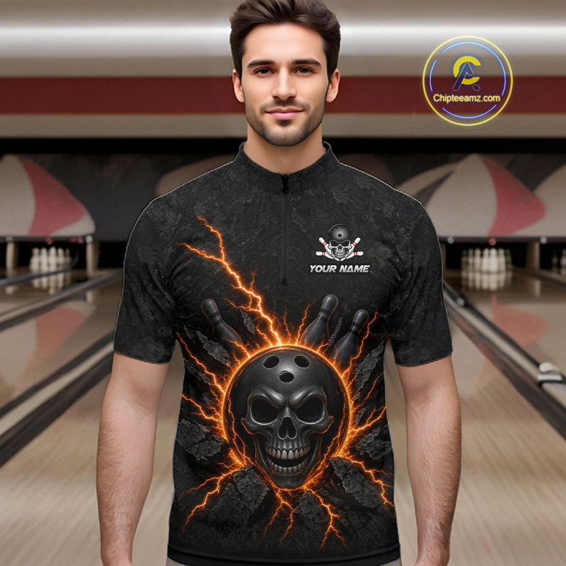 Custom Orange Thunder Lightning Skull Bowling Shirt For Men Bowling League Jersey Bowling Gifts NBT1187