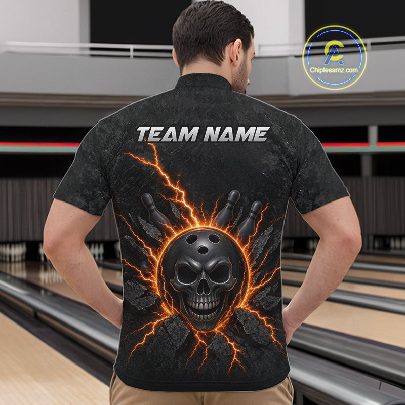Custom Orange Thunder Lightning Skull Bowling Shirt For Men Bowling League Jersey Bowling Gifts NBT1187